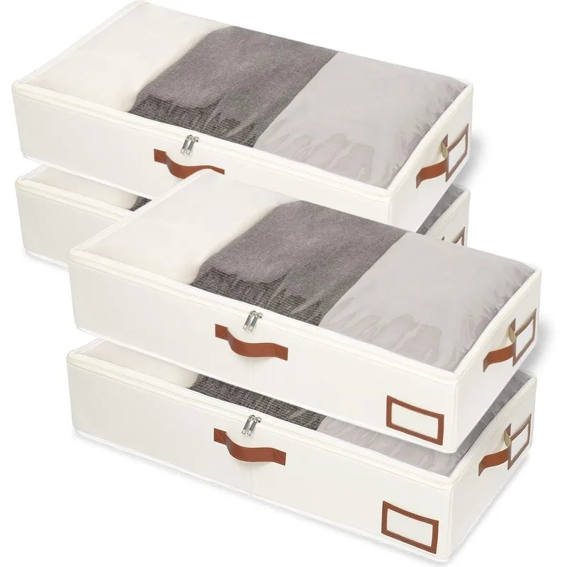 Under Bed Storage, 4 Pack Closet Organizers, Collapsible Container Bags, with Sorting Card Slot and 4 Leather Handles