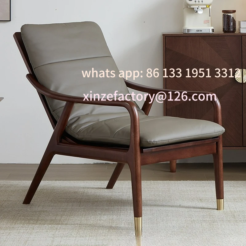 

Customizable Nordic solid wood recliner leather single sofa chair adult balcony leisure lazy chair household armchair