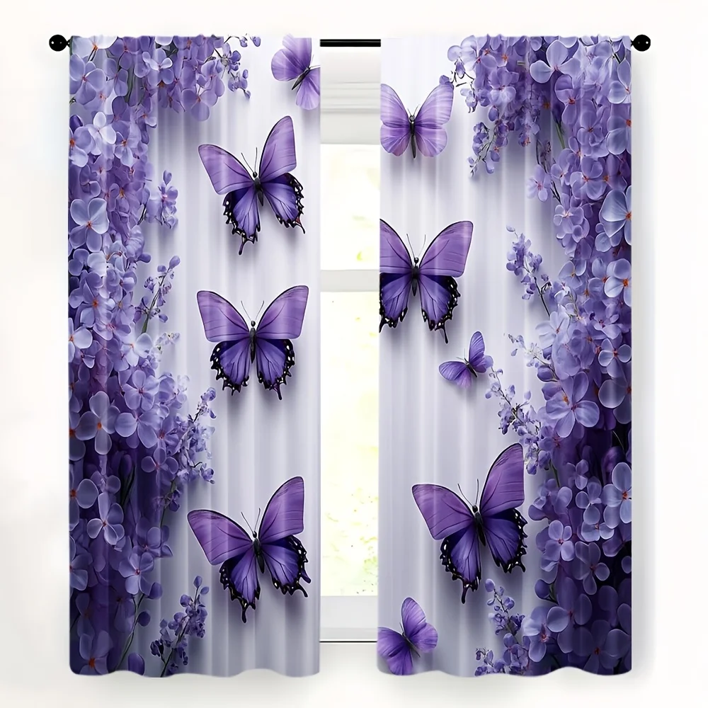 

2D FLAT 2pcs Curtains Purple Butterflies And Flowers Pattern Perfect for Balcony, Bedroom, Study, Living Room, Suitable for Spri