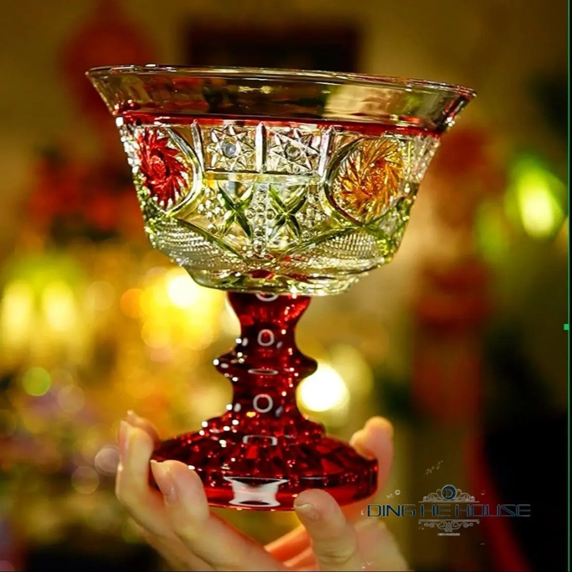 

2pcs Colorful High Footed Crystal Glass Cup Vintage Embossed Goblet Fruit Dim Sum Bowl Red Green Home Table Decor