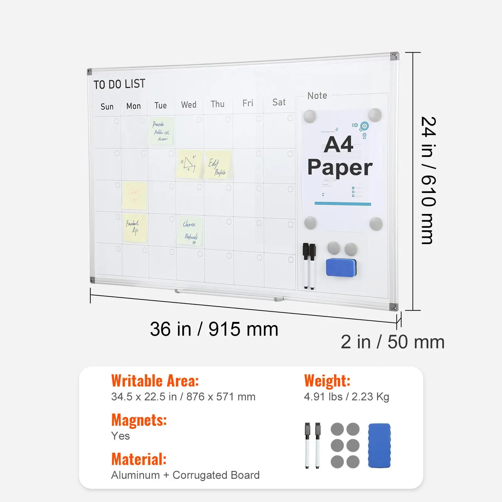 36 x 24 Inches Magnetic Dry Erase Calendar Whiteboard Monthly Planner for wall with 1 Magnetic Eraser and 2 Dry Erase Markers and Movable Tray for restaurant Office Home School