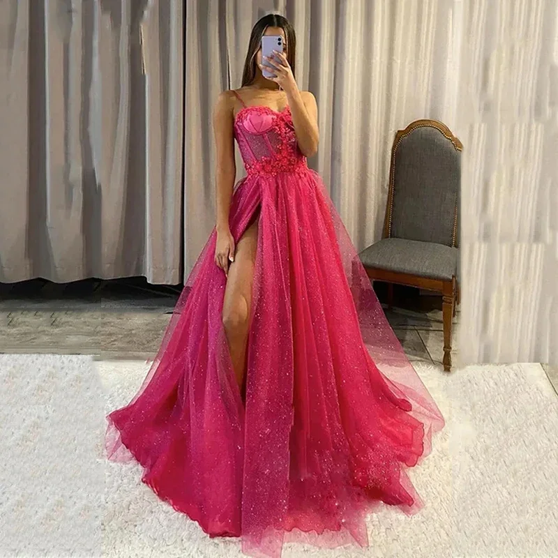 Sexy See Through Long Evening Prom Dresses For Women 2024 Elegant Shiny Mesh Lace Party High Side Slit Ball Gown Dress Formal