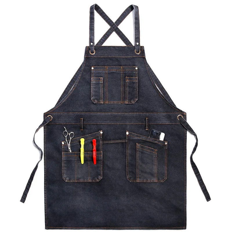 Casual Retro Denim Slanted Pocket Apron Men Women Barber Multi-Functional Work Clothes CoffeeShop Kitchen Stain Resistant Apron