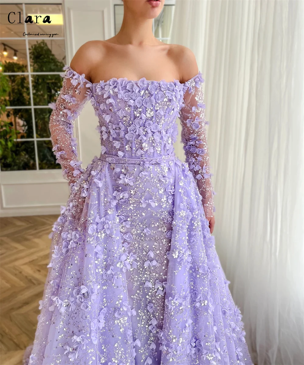 Clara Custom Lila Blume A-Linie Schulterfreie Abendkleider Damen Hochzeitsgastkleider Luxus 2025, für Party-Abschlussballkleid