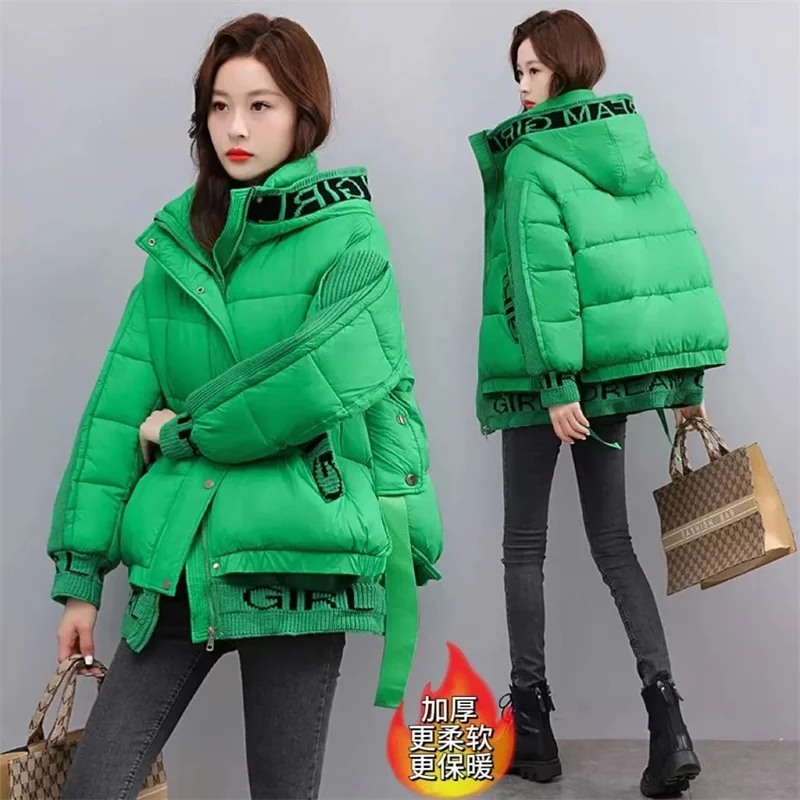 2024 Winter New Fashion Trend Splicing Letter Down Cotton Jacket Women\'s Hooded Loose Thicken Warm Coat Female Parker Outwear