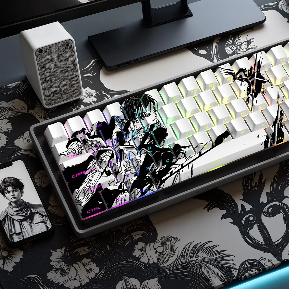 Minimalist Black White PBT anime japanese style keycaps 60% side-printed cherry profile pbt key cap 5-sided dye-sub 74/129 keys