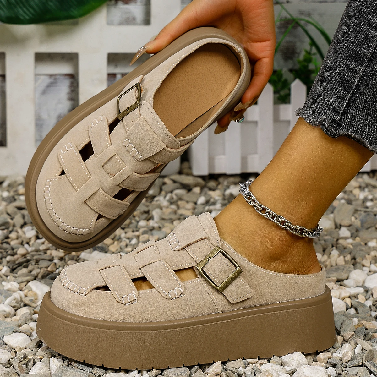 

Women Sandals Designer Beach Thong Platform Shoes Lightweight Thick Heel Roman Sandals Women Summer Two-Way Head Half Slippers