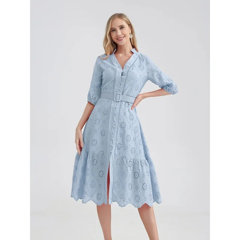 

Marwin Cotton Hollow out Summer Dr Women Holiday Perppy Cleanfit H Version Linen Fabric Tee-quarter Sve Ciwalk