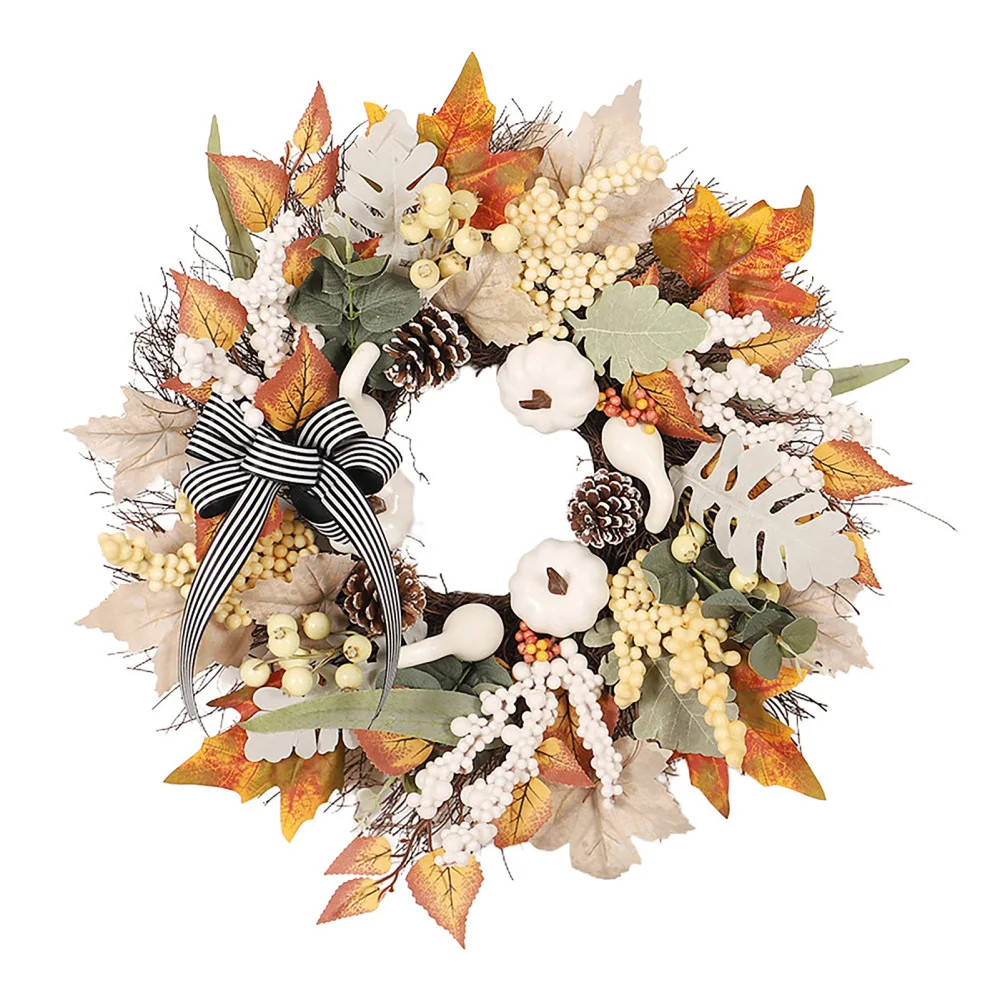 

Simulation Berry Pumpkin Maple Leaf Garland Front Door Wall Hanging Rattan Wreath For Harvest Festival Thanksgiving Home Decor