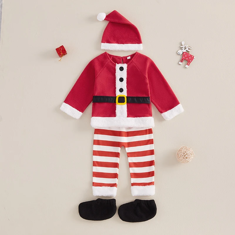 Baby Christmas Outfit Long Sleeve Patchwork Top with Striped Pants Hat Shoe Covers Cosplay Costume