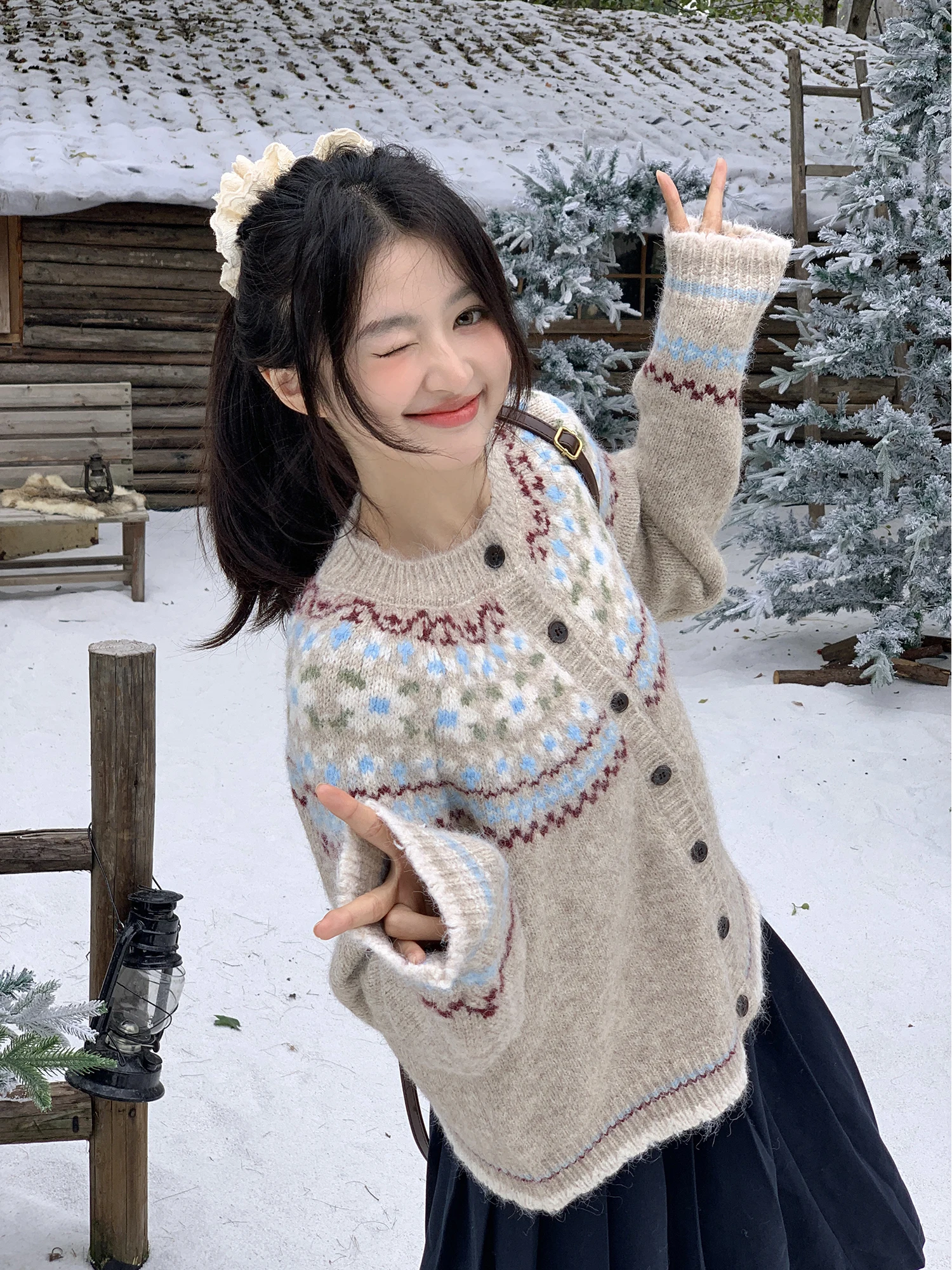 

Вязаный кардиган Wenwen Fan в стиле Fair Isle, женский винтажный свитер с круглым вырезом, уютный свитер-пальто с длинными рукавами, зимняя верхняя одежда