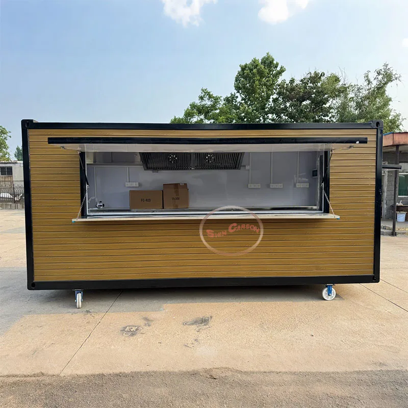 Remolque de comida al aire libre, marco negro, exterior de imitación de grano de madera con ruedas, ventana de servicio plegable móvil y puerta de entrada