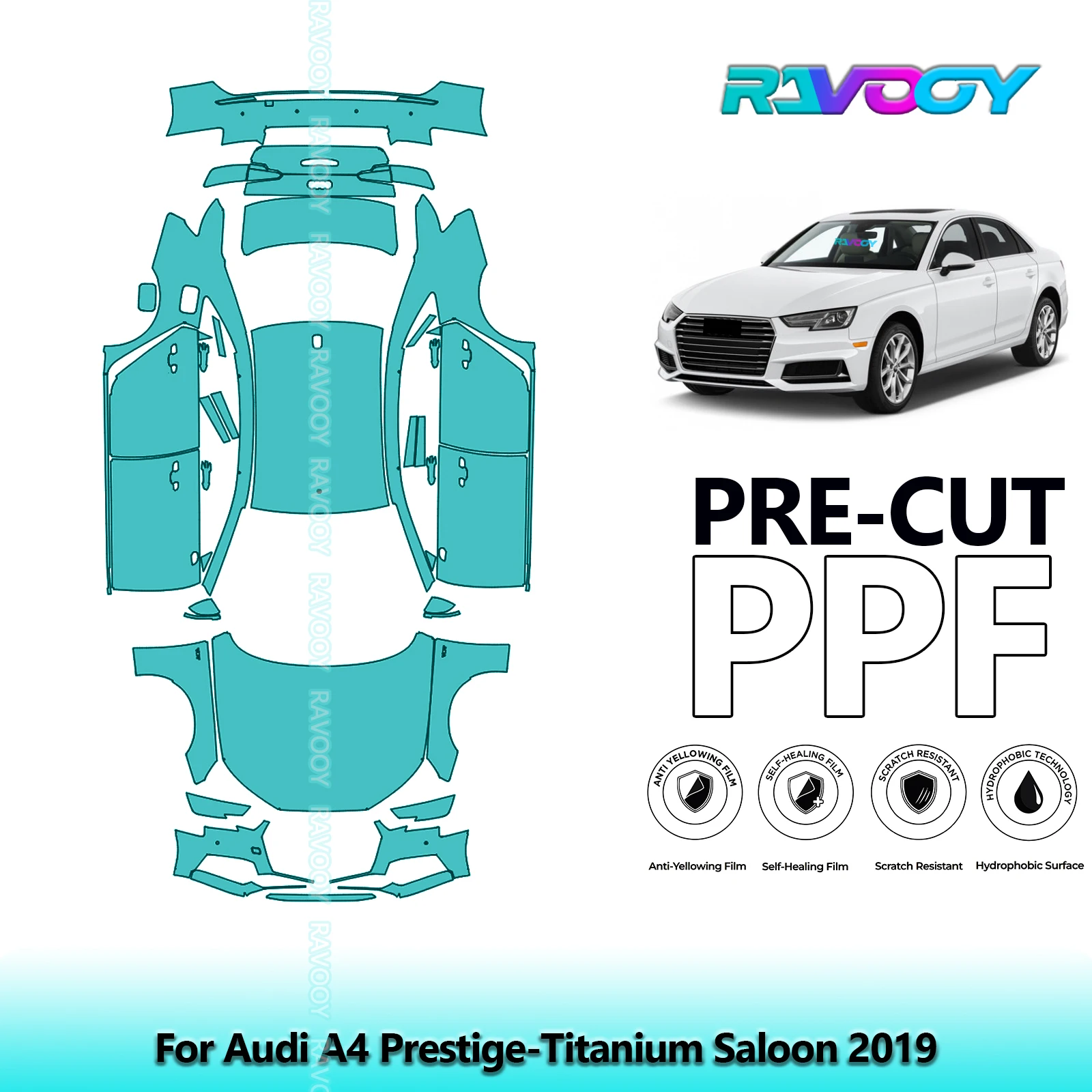 For Audi A4 Prestige-Titanium Saloon 2019 Full Body 8.5Mil Pre-Cut Paint Protection Film PPF Stone Chip Kit | Clear/Matte/Black