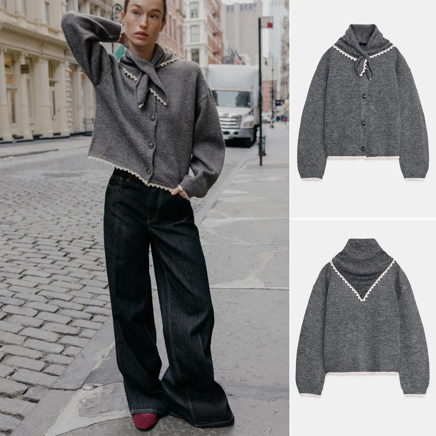 Zimowy Nowy Damski Luźny Długi Sweter z Okrągłym Dekoltem, Szalikiem, Kolorowym Blokowaniem, Koronkowym Wykończeniem, Dzianinowy Kardigan z Włókna Poliestrowego