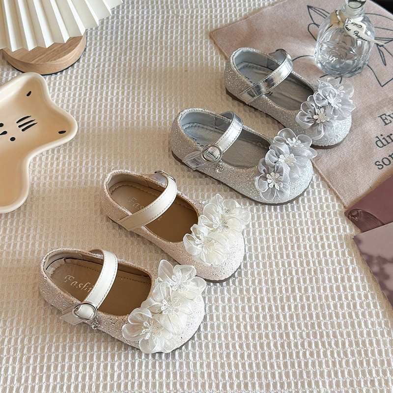 Kids'Casual Shoes Girls PU Leather Lace Fashion Outdoor Flat Bottom Buckle Anti-slip Soft Bottom White Sliver Size 23-34