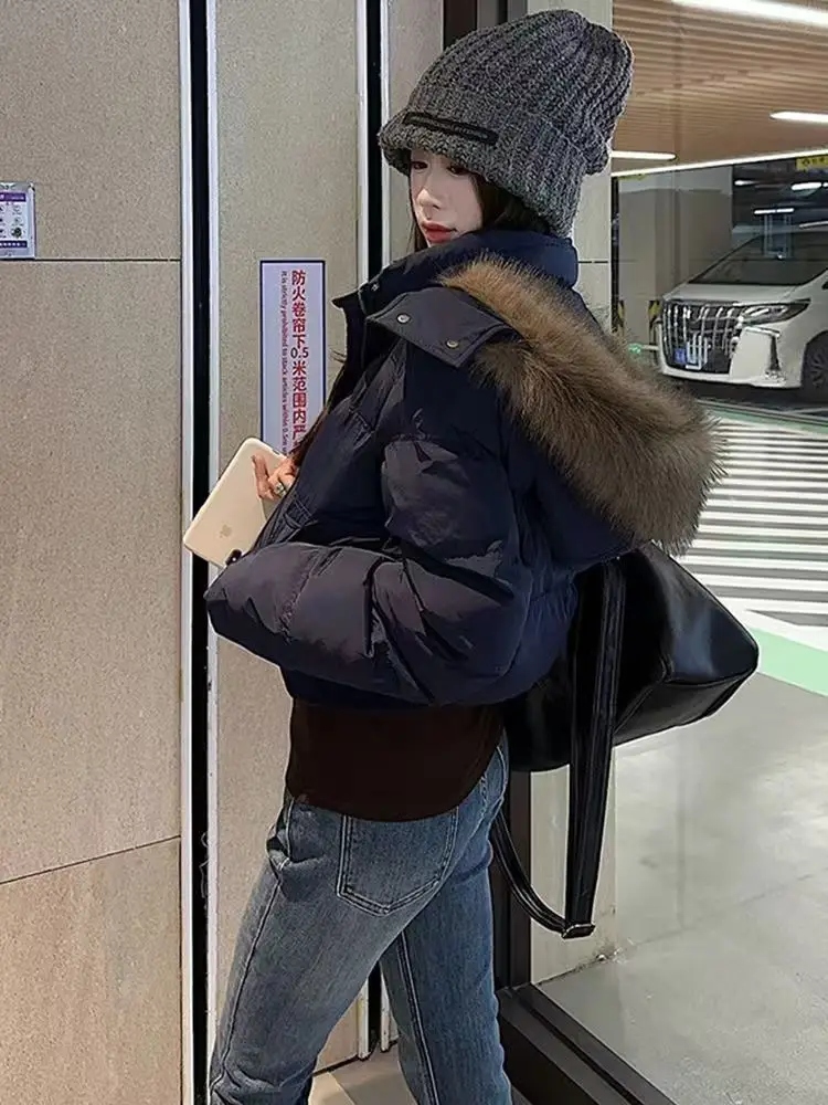 American Retro Fur Collar Warm Solid Color Women Hooded Cotton Coat Ins Winter Loose Casual Slim Cotton Coat Jackets