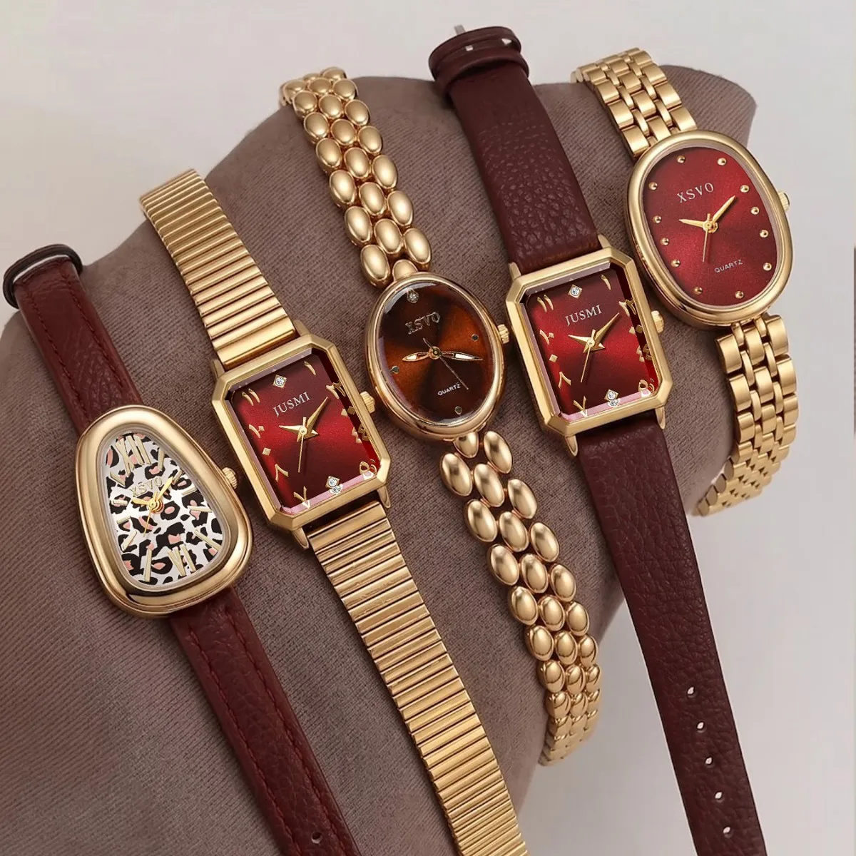 Vintage Oval & Square Quartz Wrist Watch for Women, Luxury Minimalist Red‑Dial Gold‑Toned Timepiece, Casual Daily Accessory