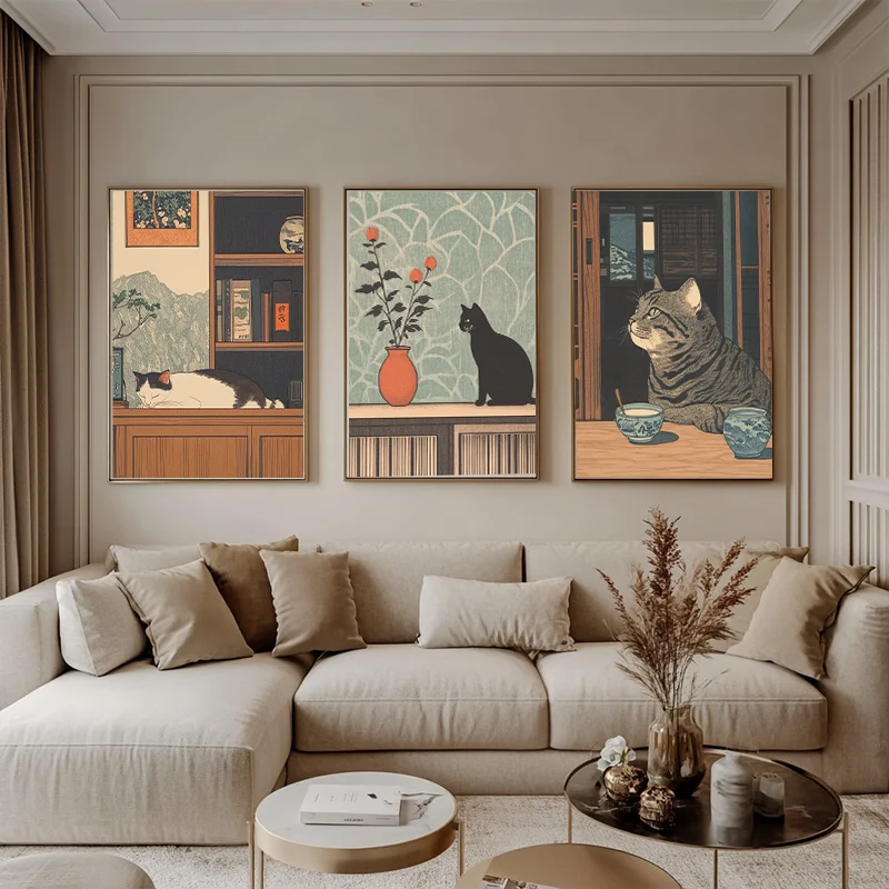 

Vintage Japanese Cat Wall Art Retro Aesthetic Decor Prints for Living Room Home Decor Posters