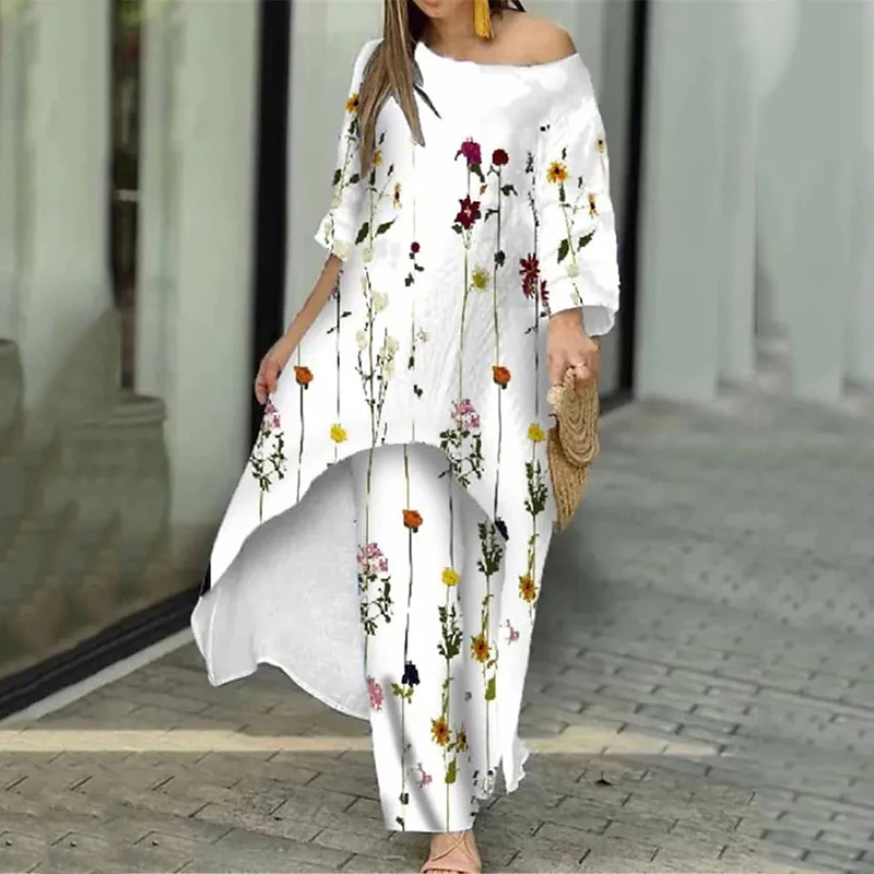 Two Piece Sets O-Neck Long Sleeve Irregular Hem Long Top & Causal Loose Wide Leg Pants Suits Fashion Print Floral Comfort Sets