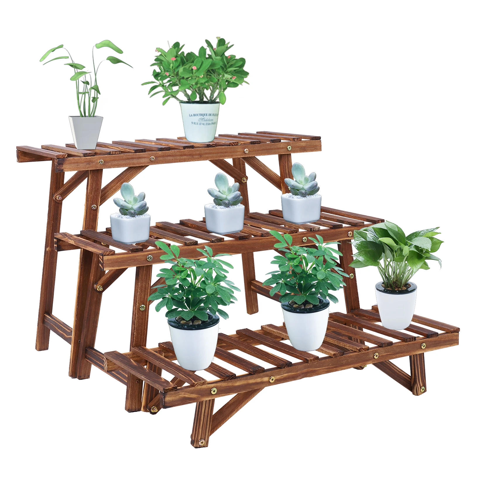 Freestanding 3 Tier Ladder Shelf Wood Corner Plant Stand Indoor Outdoor Flower Pot Rack