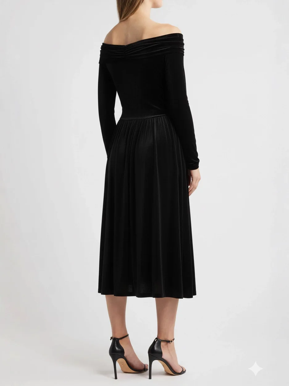 Damska czarna aksamitna sukienka midi z odkrytymi ramionami, długim rękawem, marszczeniami w talii, elegancka, codzienna, na imprezę.