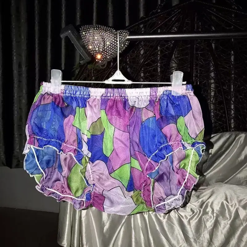 Men See Through Vintage Oil Painting Printed Tulle Briefs Women Ruffled Loose Bloomers Soft Silky Touch Erotic Lingerie