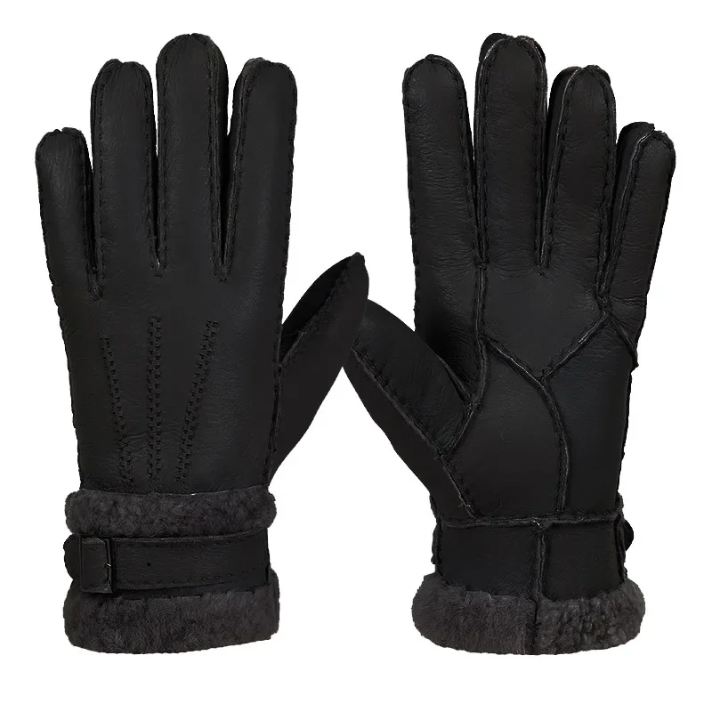 Gants chauds en cuir véritable pour hommes et femmes, mitaines en peau de mouton, fourrure de cachemire véritable, doigt complet, dames, hiver, 100%