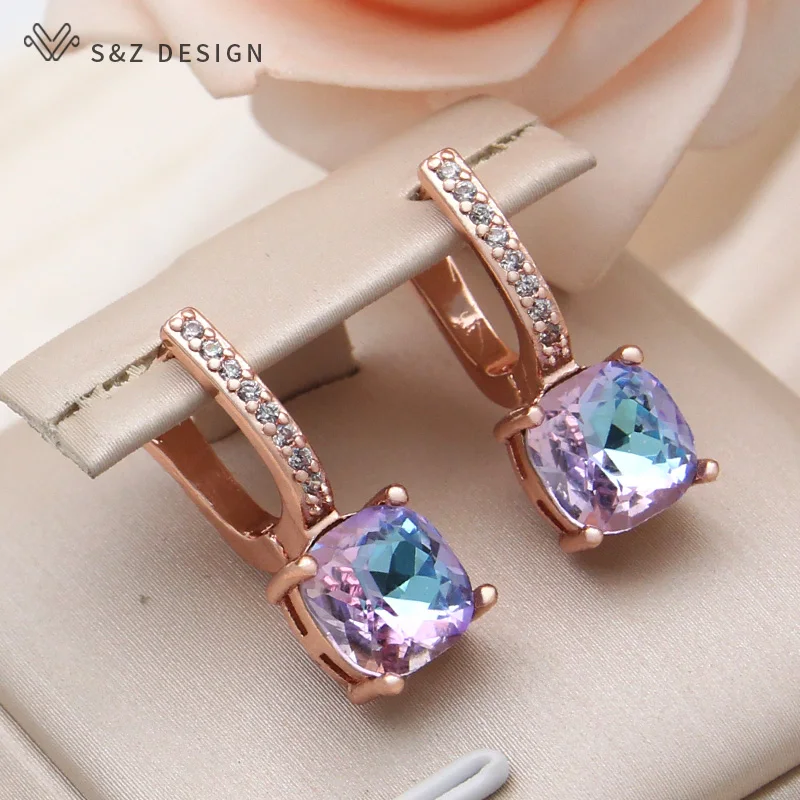 

S&Z DESIGN New Trendy Square Crystal Dangle Earrings For Women Elegant 585 Rose Gold Color Cubic Zirconia Eardrop Stylish Gift