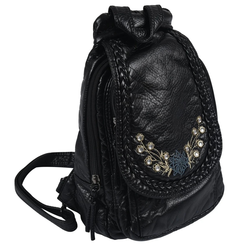 

Embroidery Flowers Women Backpack Small Soft Pu Leather Backpacks For Girls Teenagers Female Shoulder Bag Chest Pack Black Bolsa