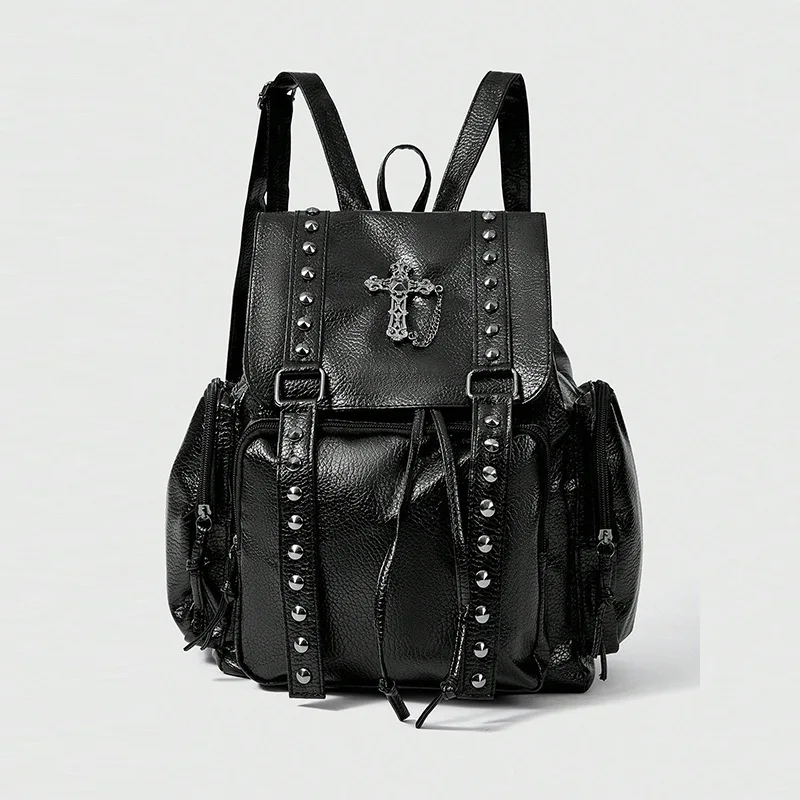 1pcs Wear  Grain PU Crossbody Bag Multi Side Zipper Pockets Adjustable Strap Gothic Photo Prop Large Capacity Women Backpack