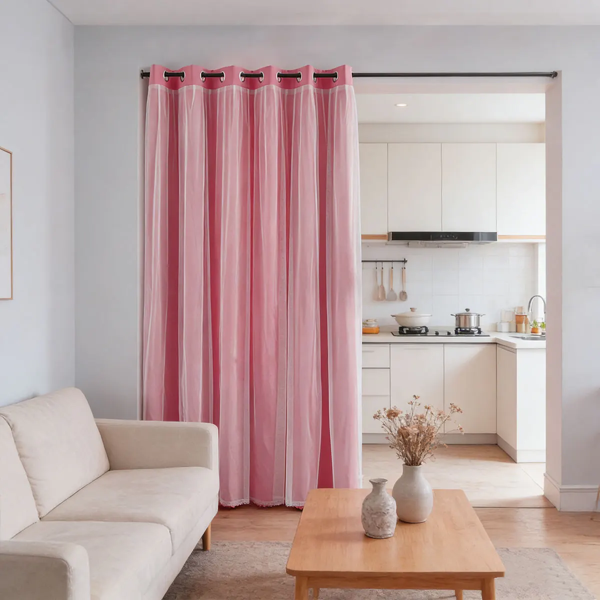 Pink Double Layer Punch Hole Room Divider Curtains, Light Filter Sheer Drapes for Kitchen Living Room Partition