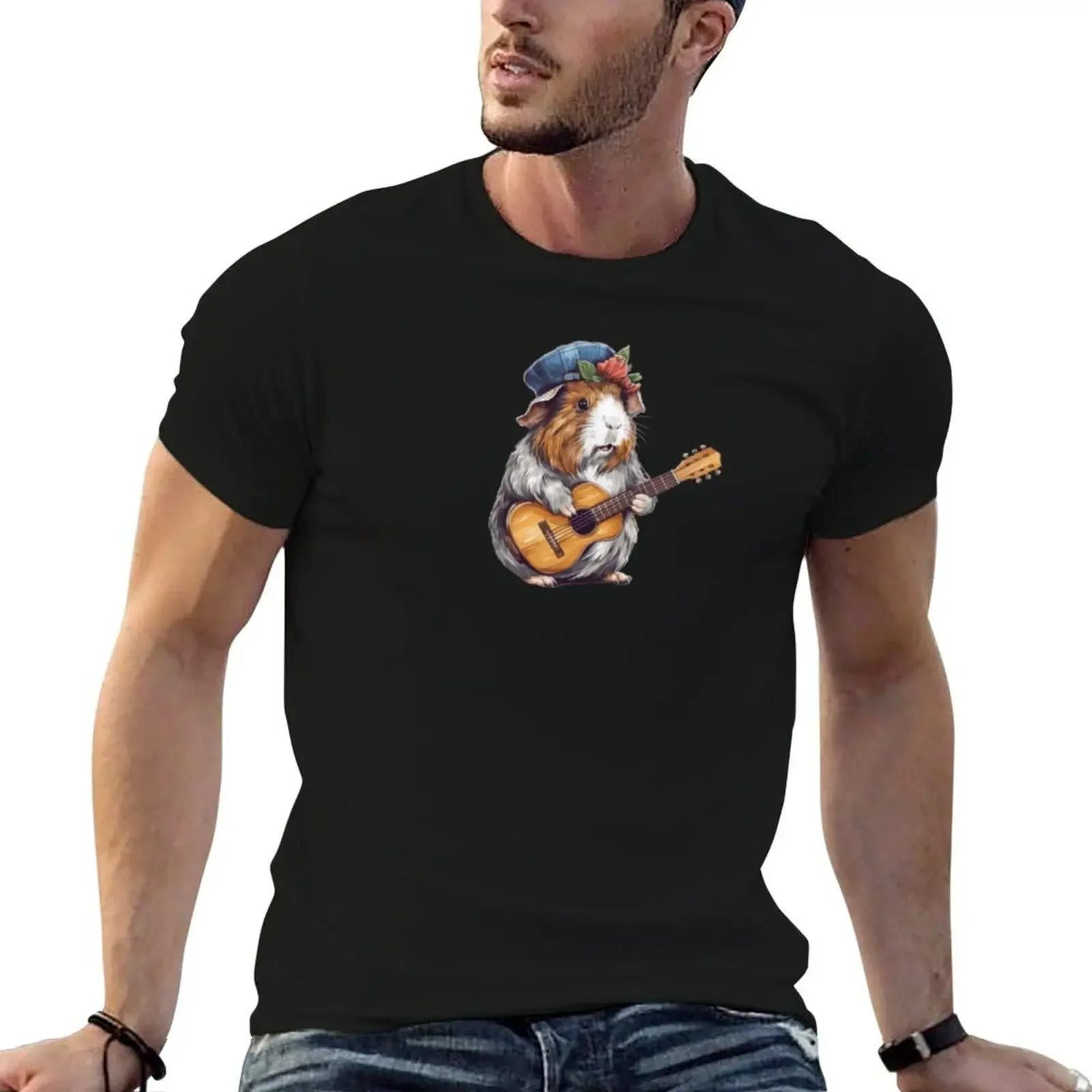 Colorful Guinea Pig Playing Guitar in a Band T-Shirt anime figures boys whites cheap stuff Men's cotton t-shirt