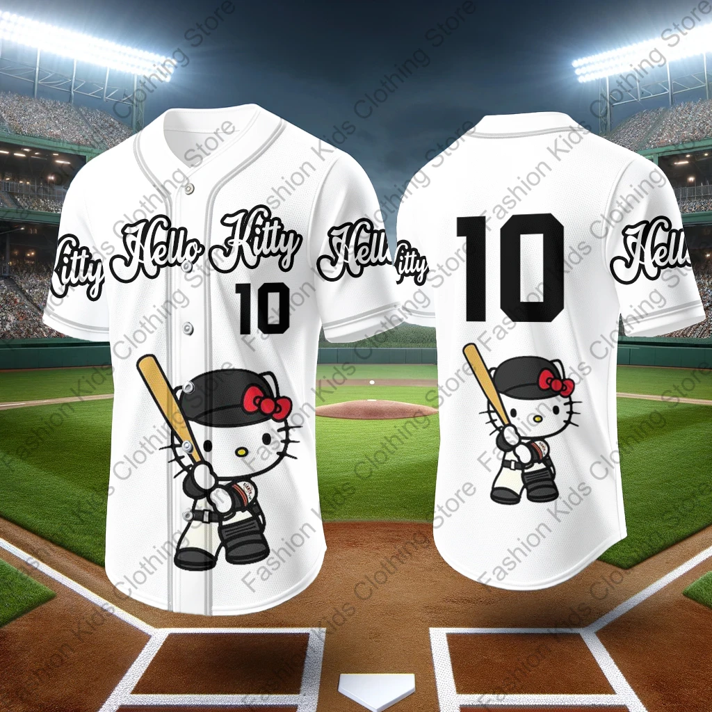 MINISO 2024 New Baseball Jersey Cute Hello Kitty Printed Kids Adults Fashion Cartoon Buttons Baseball Uniform Kids Tops Clothing