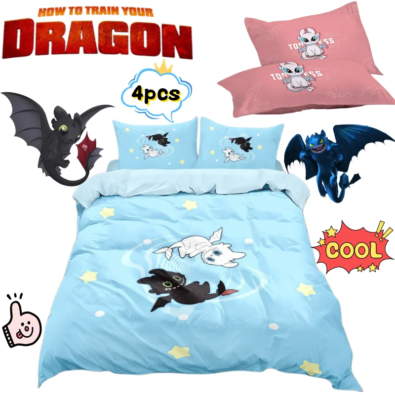 

How to Train Your Dragon: Toothless & Light Fury Four-Piece High-Style Cartoon-Print Couple’s Home Bed Sheet and Duvet Cover Set