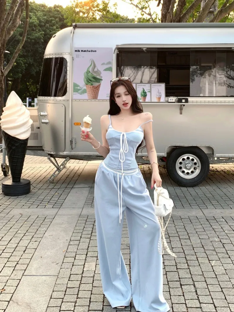

Sweet And Spicy Girl Blue Striped High Waist Slimming Wide Leg Pants Short Crop Top Women Summer Fashion Two Piece Set