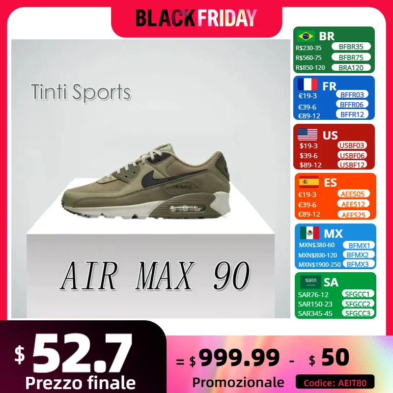 Nike New AIR MAX 90 Low أحذية رياضية رجالية شتوية قابلة للتنفس ومريحة أحذية كاجوال مضادة للانزلاق ومقاومة للاهتراء باللونين الأخضر والبني