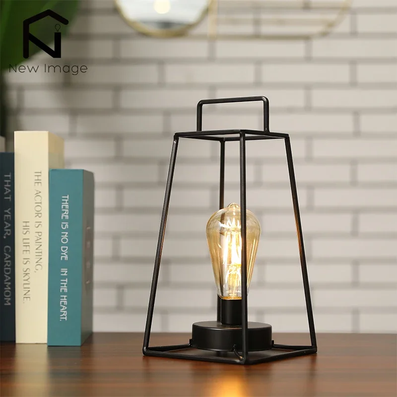 

Retro Geometric Candle Holder Table Lamp Art Cordless Battery Operated Lamp Cage Wireless with 6-Hours Timer Home Decor