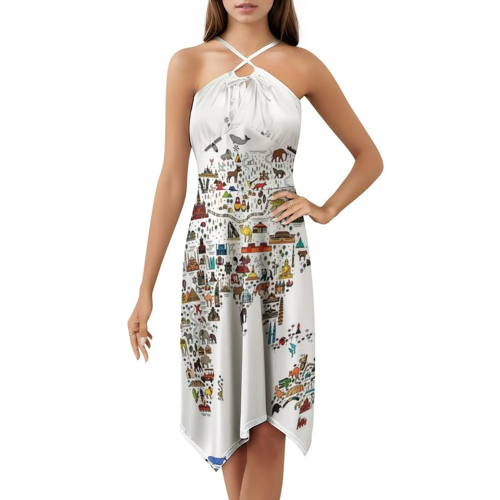 خريطة أيقونات خط السفر العالمي. ملصق سفر مع فستان بوهيمي عتيق بأكمام منتفخة أو خيارات بلا أكمام لفستان النساء #5