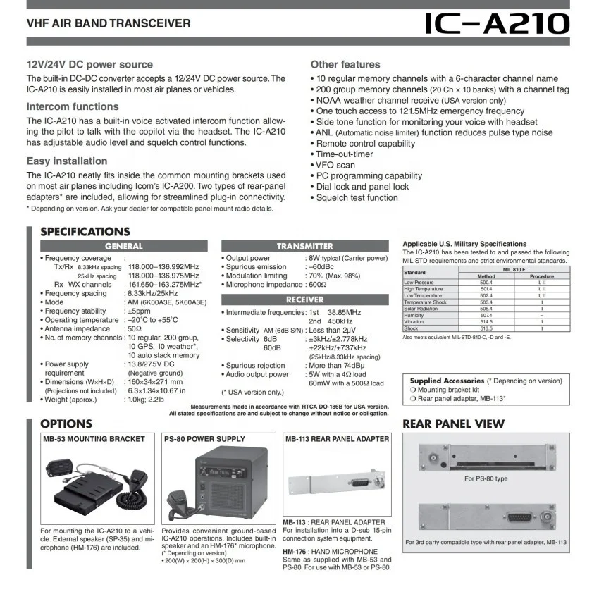VHF Airband Mobile Radio Icom IC-A210 Transceiver With White OLED Display And White Key Backlight