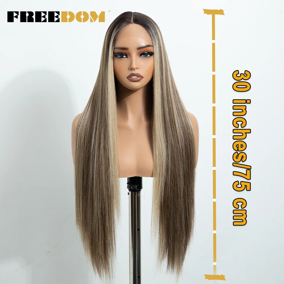 FREEDOM Synthetische Lace-Front-Perücken für Damen, 30 Zoll lang, glatt, Ombré-Braun-Blond, natürliche Lace-Perücke, vorgezupft, für den täglichen Gebrauch. – Detail 3