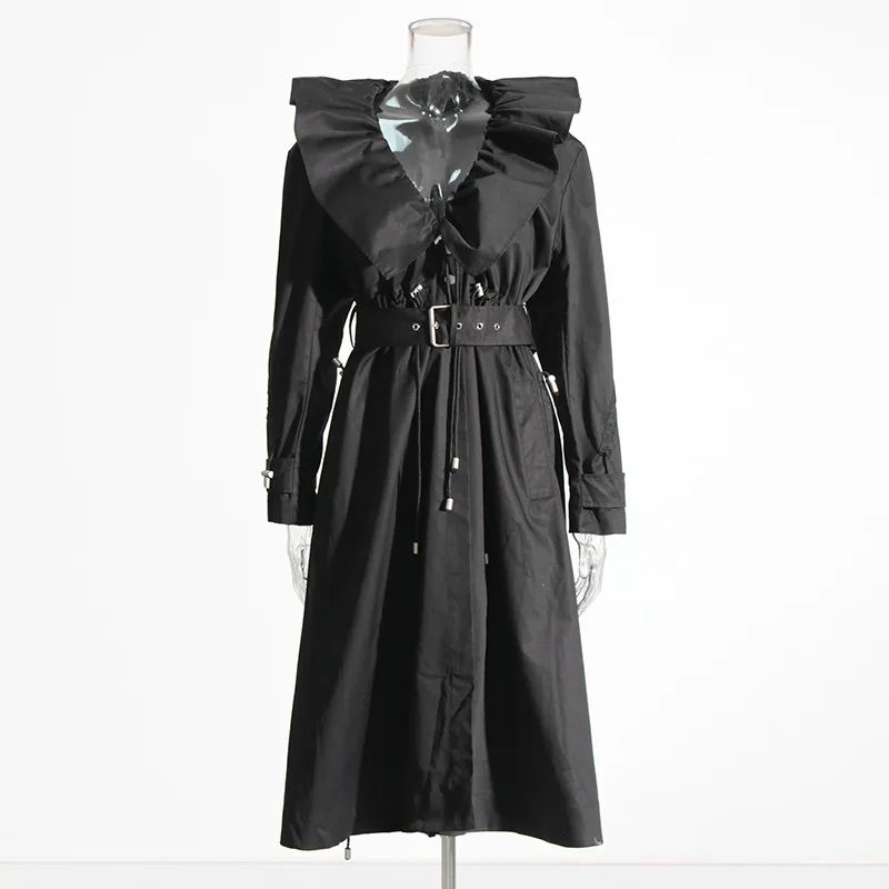 Robe Trench longue plissée à volants, ceinture, col en V, coupe-vent décontracté avec cordon de serrage, vêtements d'extérieur pour femmes, automne 2025