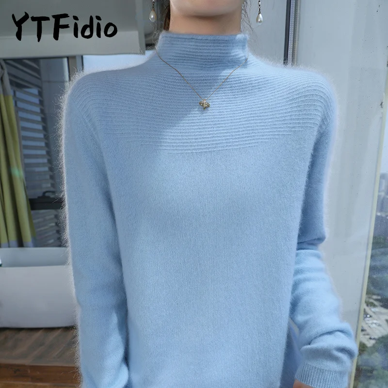 YTFidio Nerz-Kaschmir-Pullover für Damen, Strickwaren, Pullover, dick, halbhoher Kragen, Basis-Tops, Oberbekleidung, gestrickt, übergroß, 147