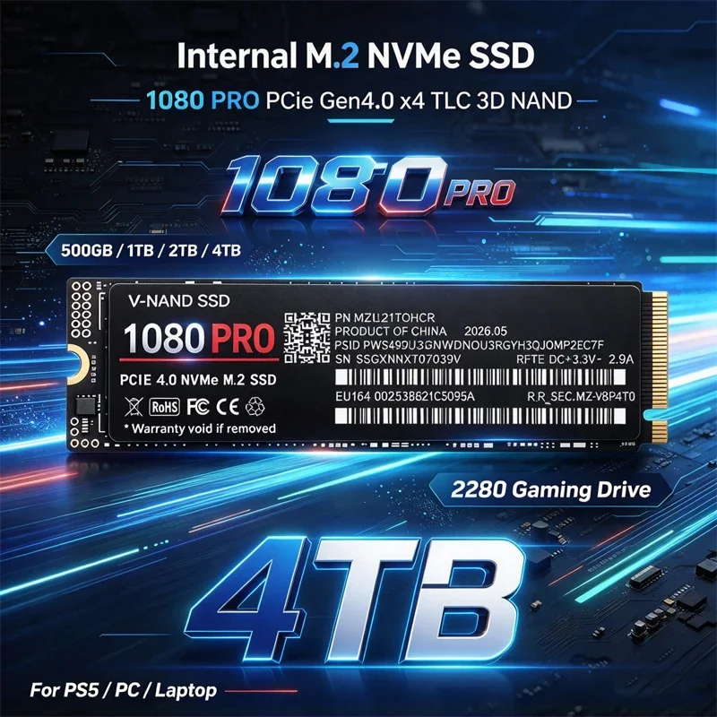 SSD interno 1080PRO M.2 NVMe PCIe Gen4.0 X4 TLC 3D NAND, 500 GB, 1 TB, 2 TB, 4 TB, formato 2280, para PC e portátil.