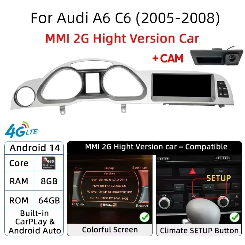 Android 14 Auto Radio CarPlay Für Audi A6 C6 4f 2005 2006 2007 2008-2011 MMI 2G 3G Auto Multimedia Bildschirm Navi mit Hinten Kamera