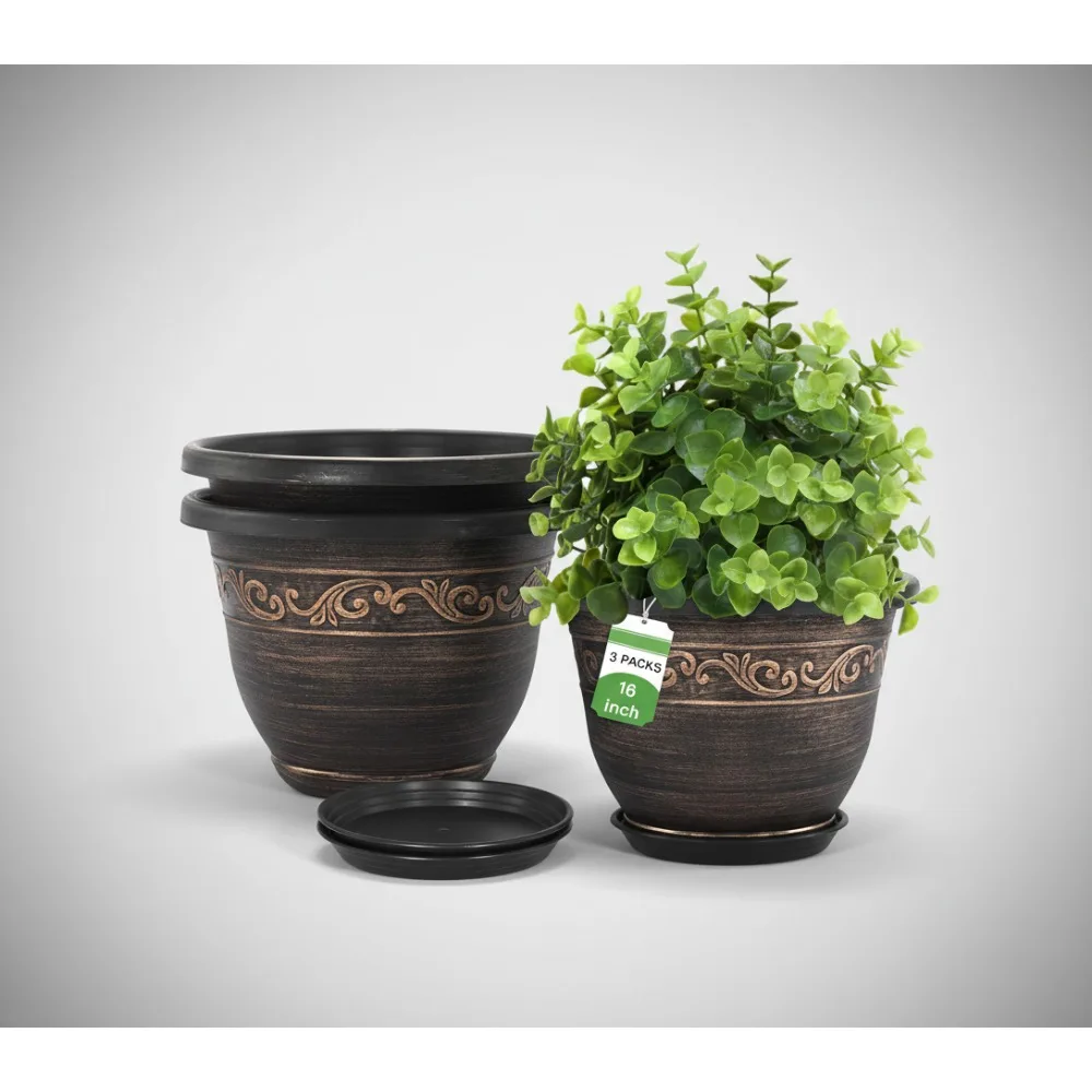 

16-дюймовые пластиковые горшки с дренажным отверстием и блюдцем, 3 упаковки легких цветочных горшков из смолы для внутреннего и наружного сада