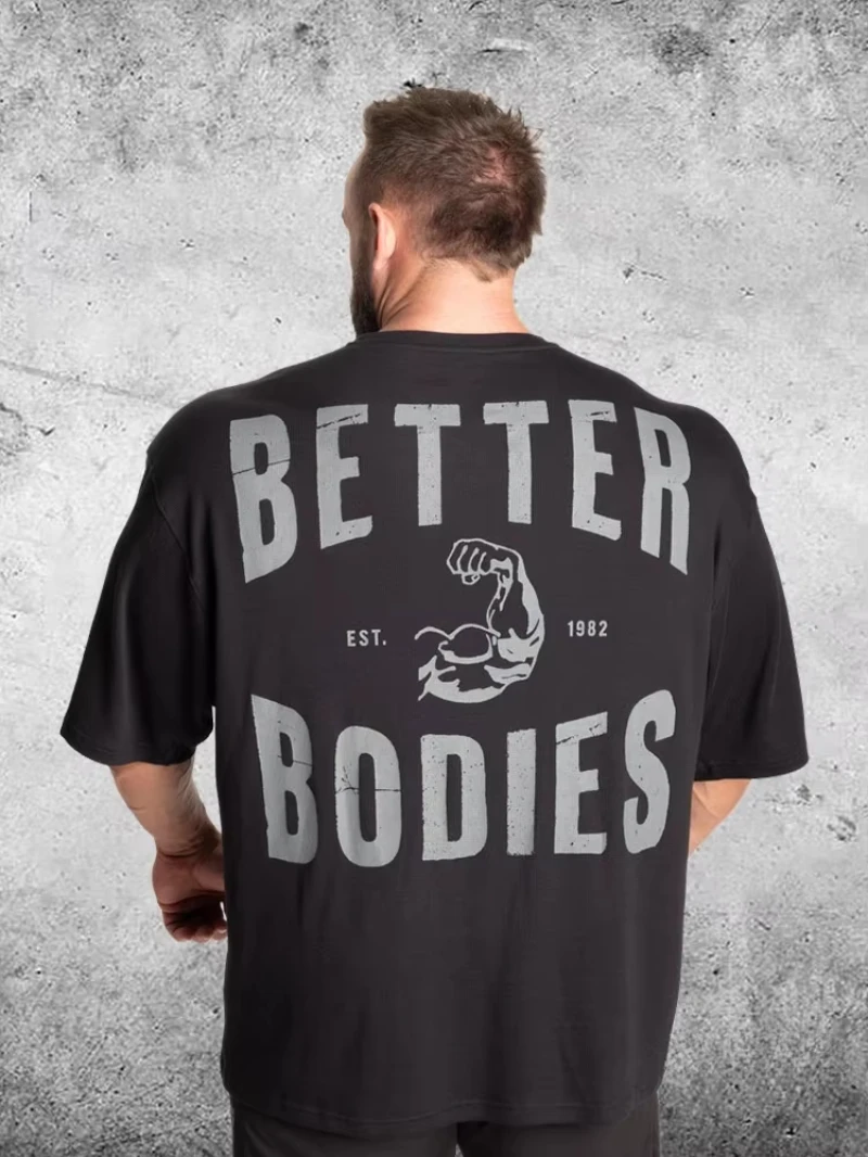 Men's Black Oversized Gym T-Shirt, Better Bodies Inspired Vintage Graphic Print, Workout Streetwear Tee for Lifting