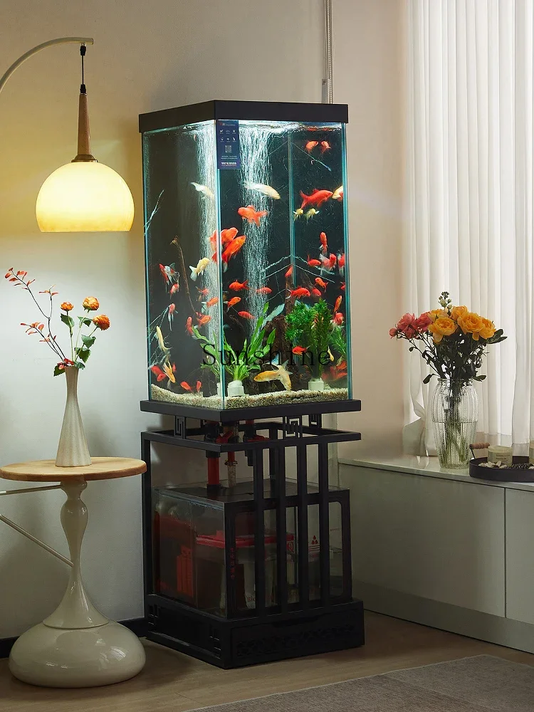 Living room ultra-white glass water-free oxygen bottom filter back overflow integrated landscaping aquarium       FT
