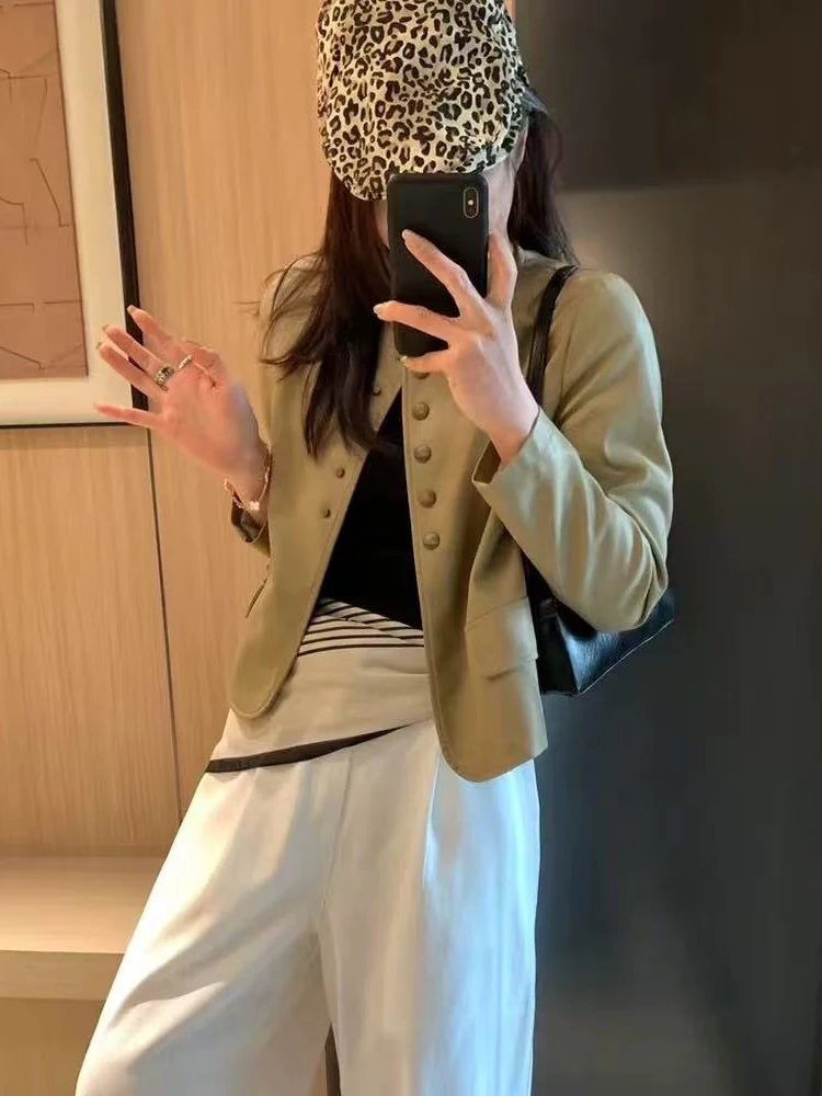 جاكيت نسائي أنيق من الجلد الصناعي بلون دائري، تصميم عصري جديد للربيع، إحساس راقي يقلل من مظهر العمر