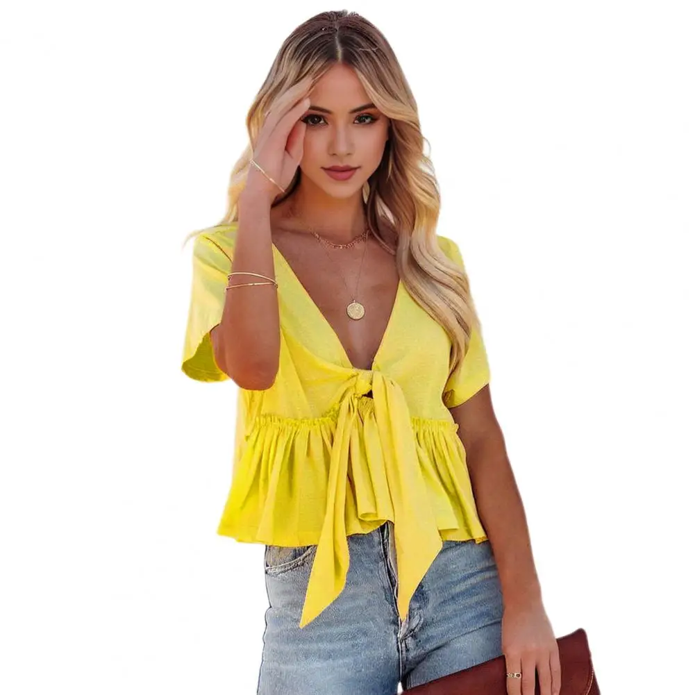 

Women Summer Tops V-Neck Short Sleeve Solid Color Casual T-shirt Knot Design Ruffle Hem Loose Fit Tee Tops