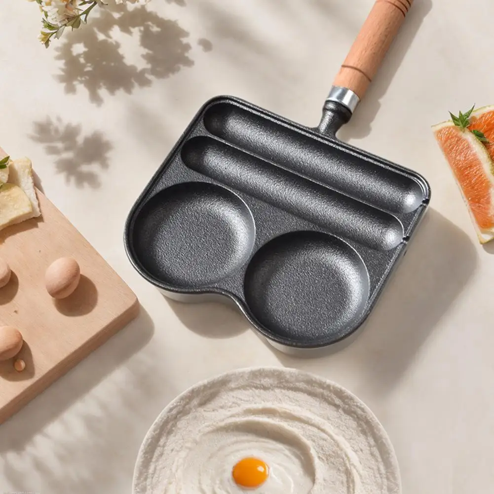 4-Cup Frying Pan Cast Iron Omelette Pan Non-Stick Coating Heat-Resistant Wooden Handle for Even Heating Sausage Pan for Gas Stov